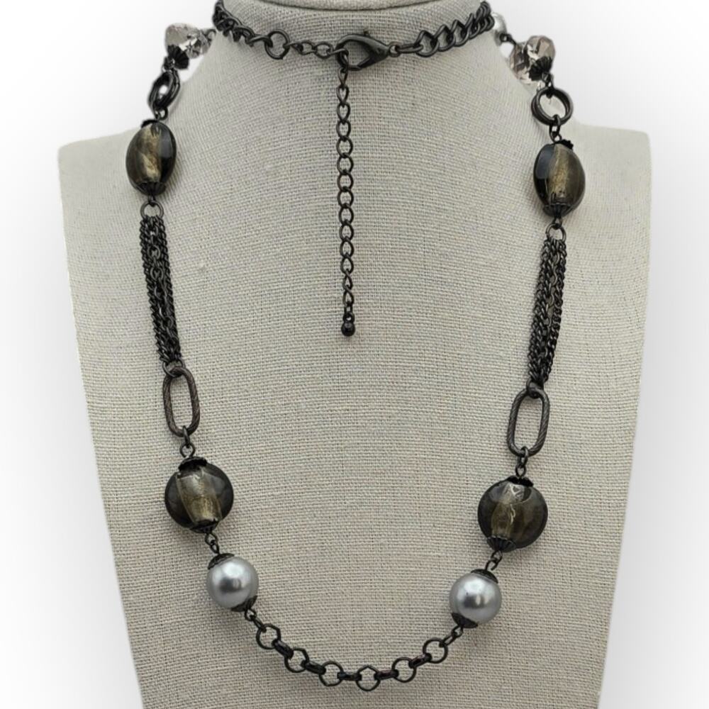 Brown Crystal Grey Faux Pearl Antique Metal Long Necklace Edgy Dark Industrial